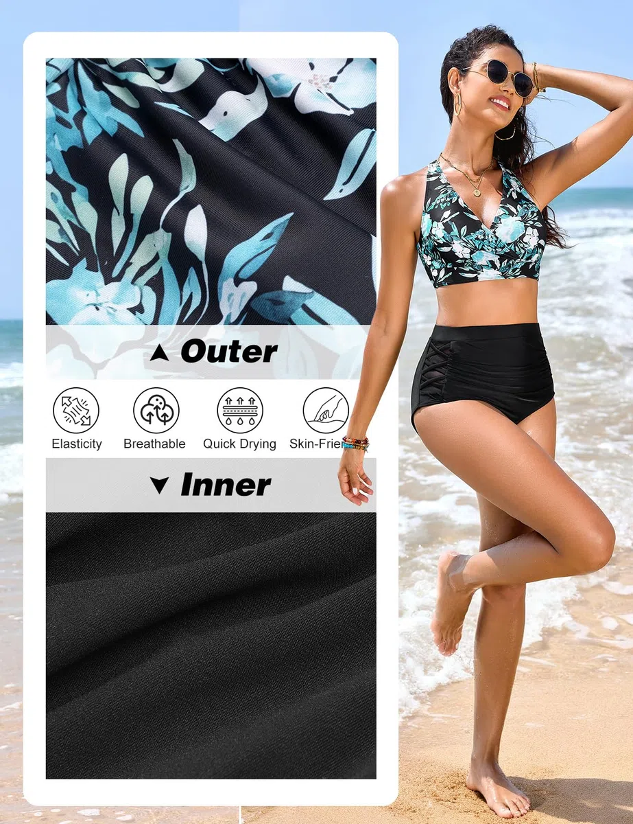 Tuopuda Costume da Bagno Donna a Vita Alta in Due Pezzi,Top Bikini Push up con Scollo a V e Slip per Il Controllo della Pancia,Schiena Incrociata Costumi da Bagno