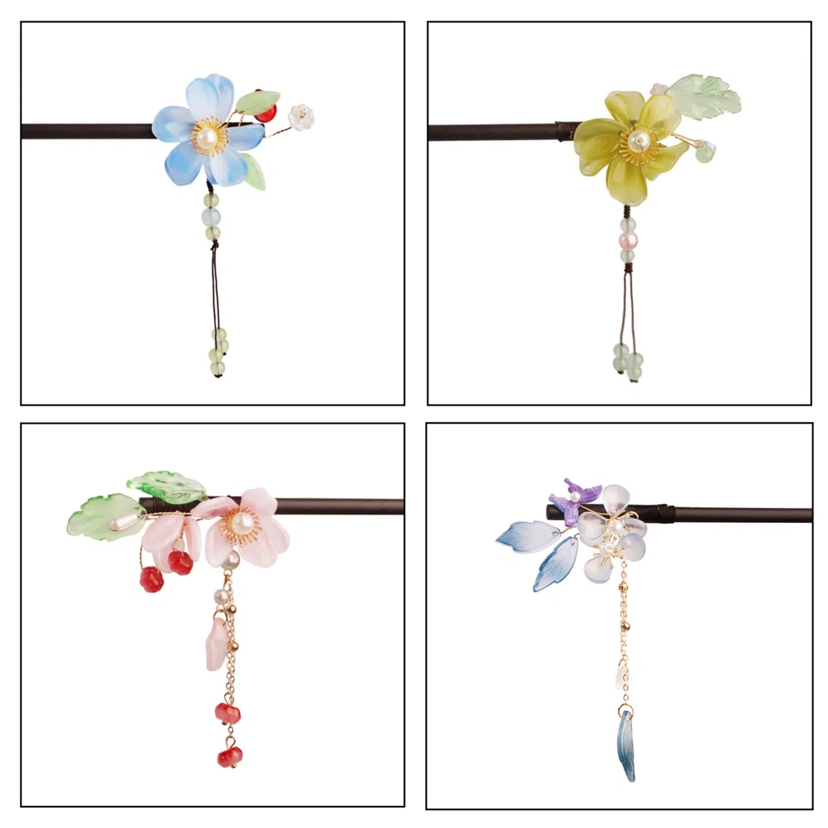 Set di forcine asiatiche con decorazioni floreali, 5 bacchette per capelli in legno e metallo, 18 cm