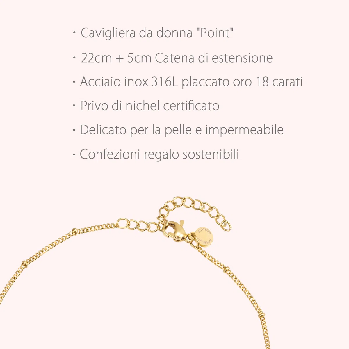 day.berlin, cavigliera da donna, placcata oro 18 carati, regolabile, 22 + 4 cm, con piccole sfere, acciaio inox 316L, senza nichel e impermeabile