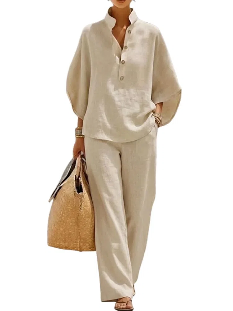 shownicer Completo Donna Lino Tuta Elegante Estiva 2 Pezzi Set Maniche a Tre Quarti Top E Pantaloni Curvy Completo in Lino Due Pezzi Set Completi Tute