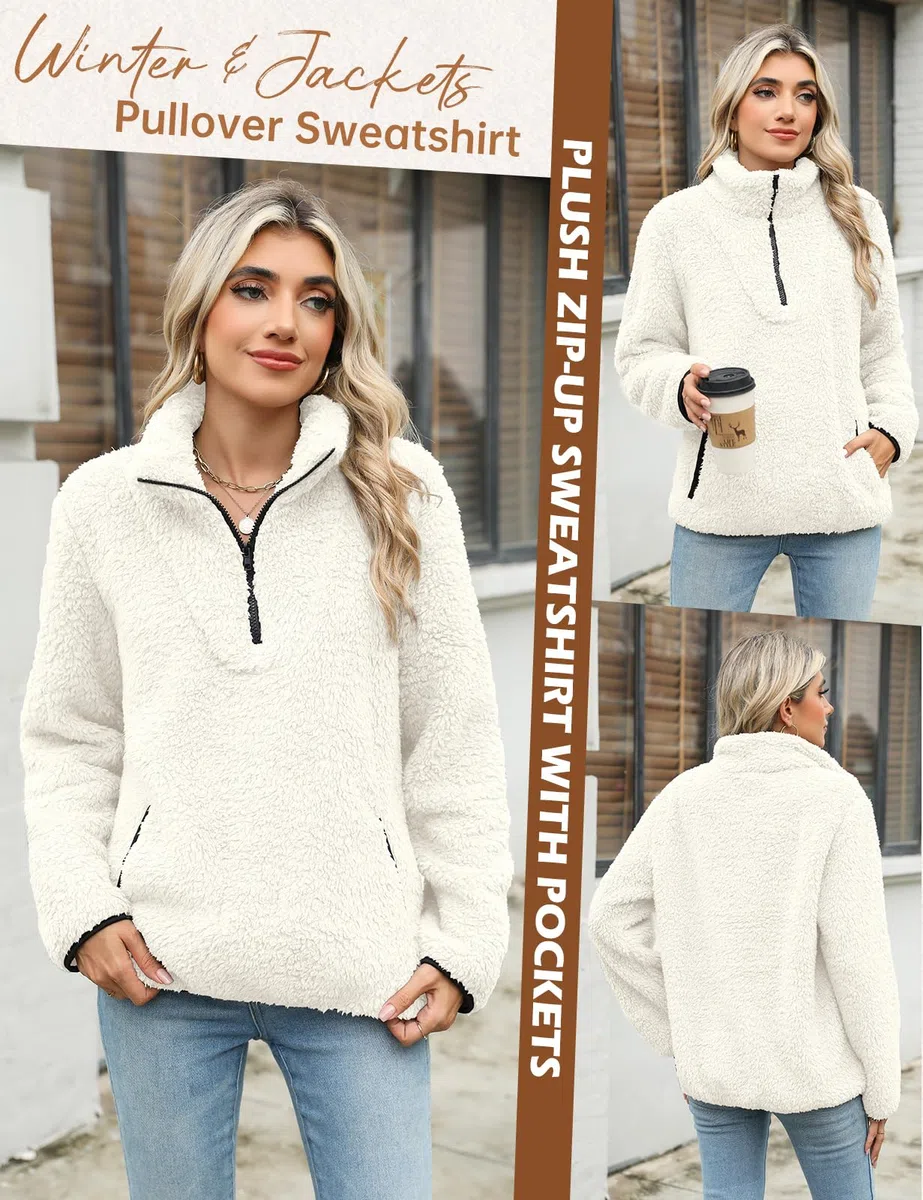 Tuopuda Donna Felpe Senza Cappuccio Pullover Pile Tops Termico Manica Lunga Felpe con Zip Tasche Maglione Caldo Autunno Invernali Sweatshirt Eleganti Hoodie Fleece Jumper Maglietta