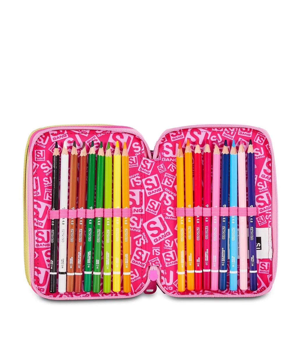 SJ GANG STYLE JAM GANG Astuccio Scuola 3 zip JOYFUL PINS GIRL, Rosa, Triplo Scomparto, 45 pezzi, Portapenne Attrezzato, Completo di matite, penne e colori, Accessori Zaino, Scuola elementare, Bambina