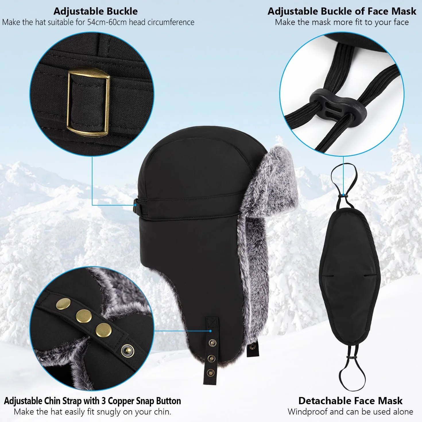 Unigear Ushanka Cappello, Cappelli Bombardiere Caldo Cappello Invernale Antivento con Maschera Rimovibile per Ciclismo, Sci, Snowboard, Campeggio, Trekking