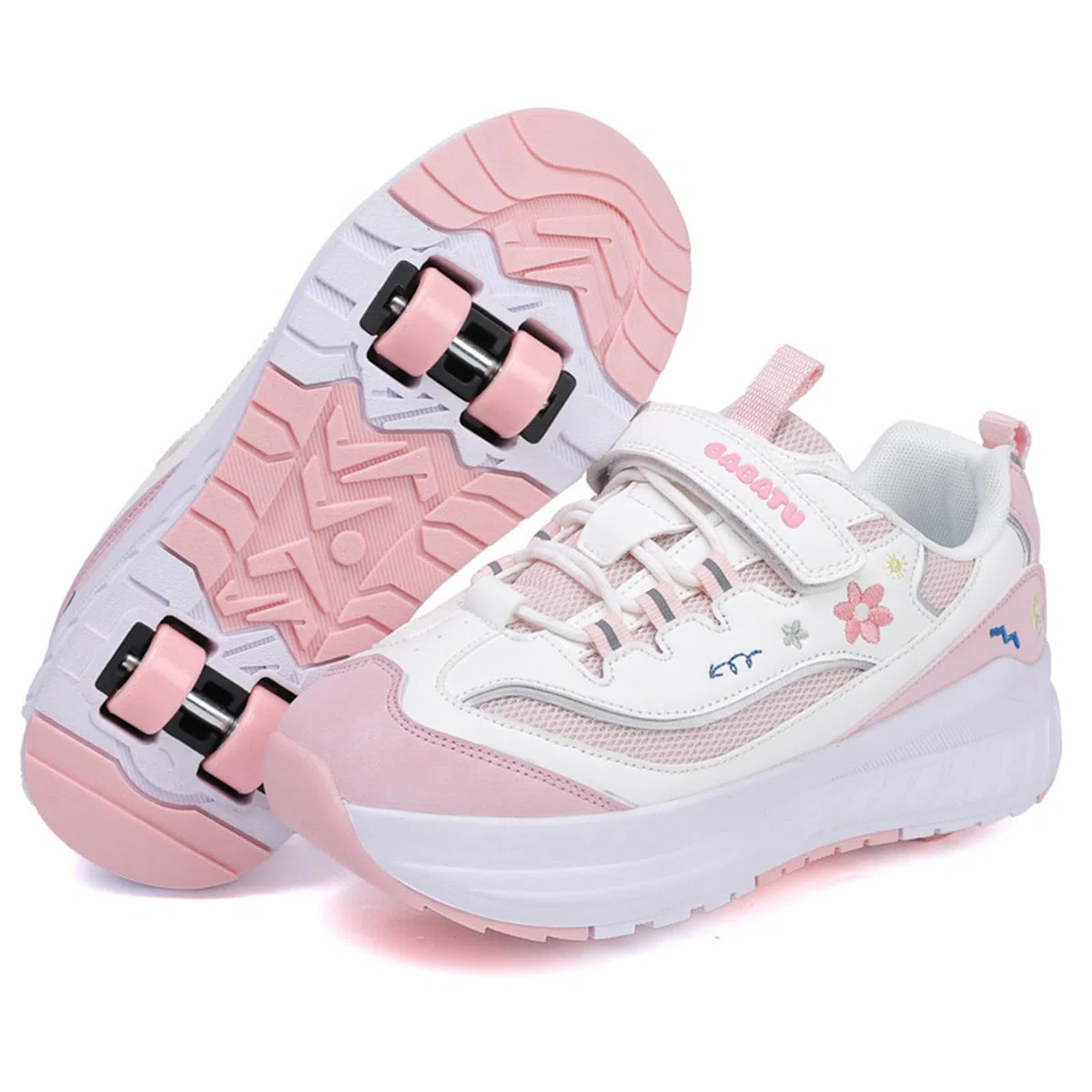 Mateju Scarpe con Rotelle Bambina Ragazza Ragazzo Sportive Scarpe da Skateboard, Fiori 4 Rotelle a Rimovibile Skateboard Ginnastica da Pattini Sneakers per Bambino