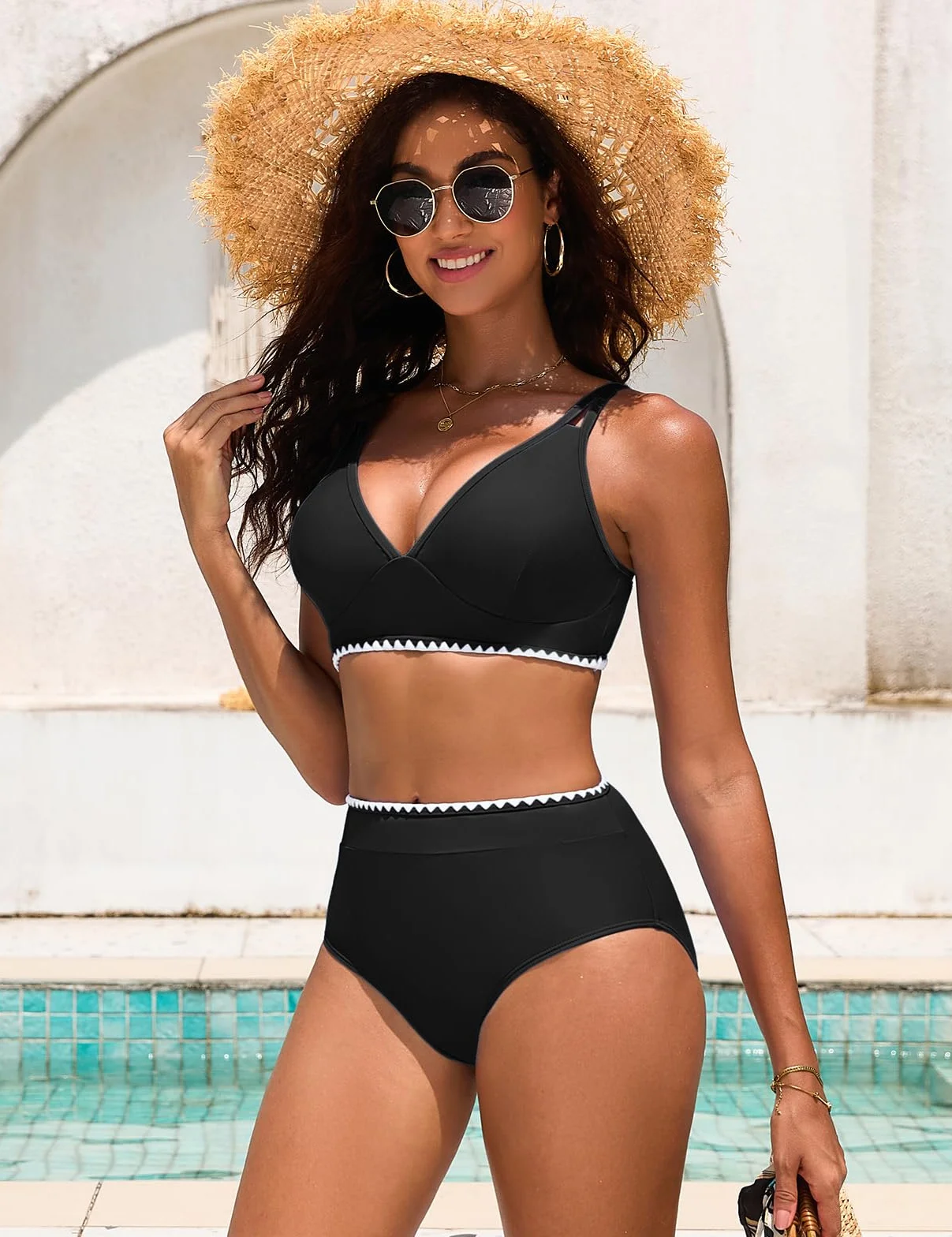 UMIPUBO Costume Donna Due Pezzi Vita Alta Bikini Collo A V Push Up Sexy Contenitivo Curvy Modellante con Coppe Dettagli A Conchiglia Mare Piscina Estivo Costume da Bagno