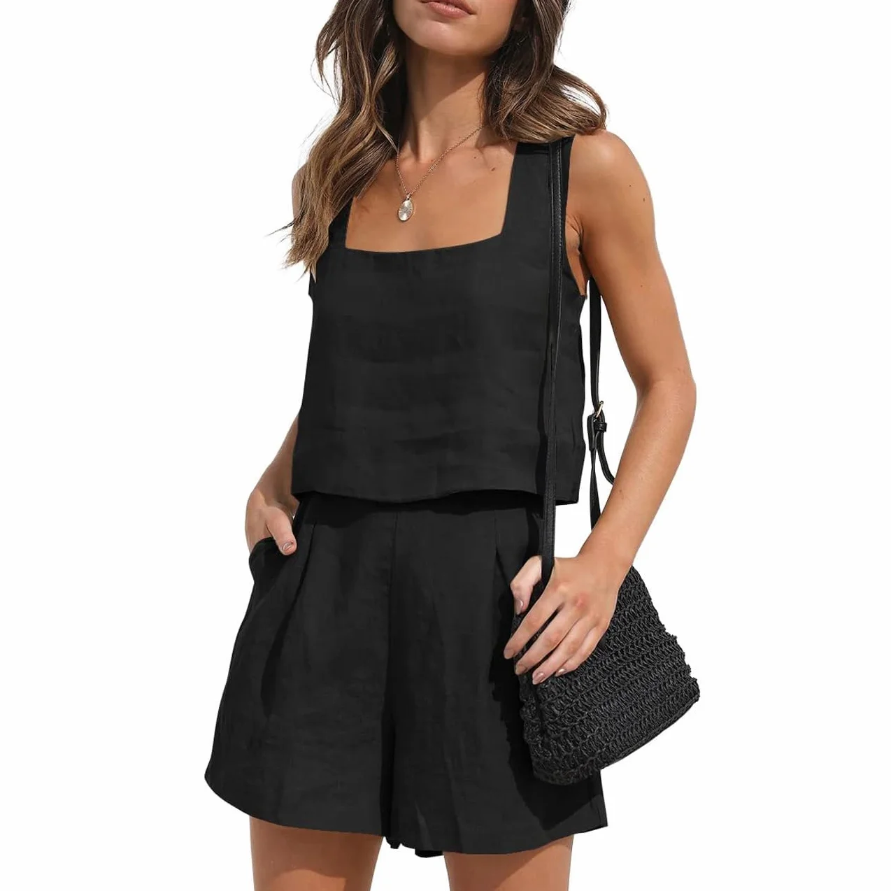 Completo Lino Donna 2 Pezzi Senza Maniche Collo Quadrato Canotta Lino e Vita Alta Pantaloncini Elegante Tuta Casual Estiva Completi per Spiaggia Vacanza Nero
