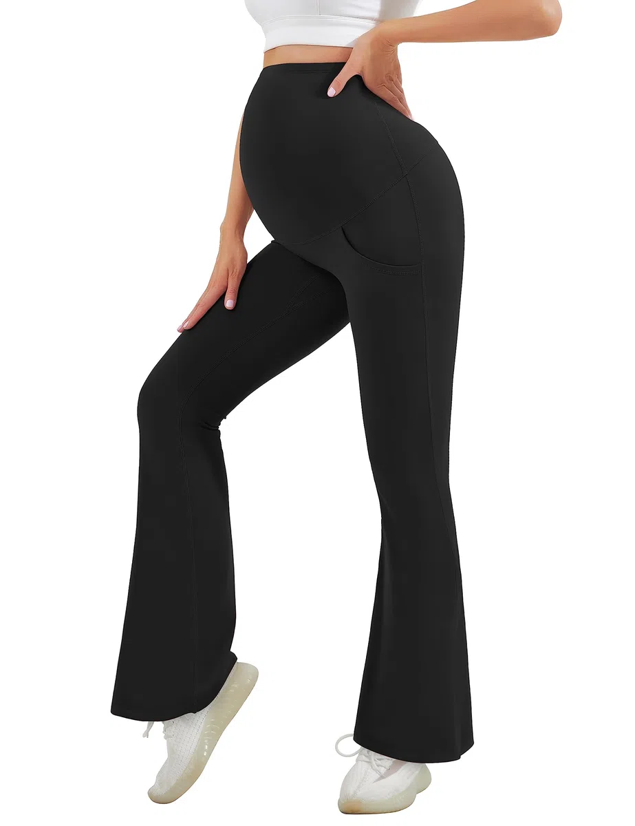 HEGALY Women's Maternity Flare Leggings Over The Belly - Casual Pregnancy Yoga Pants with Pockets Buttery Soft