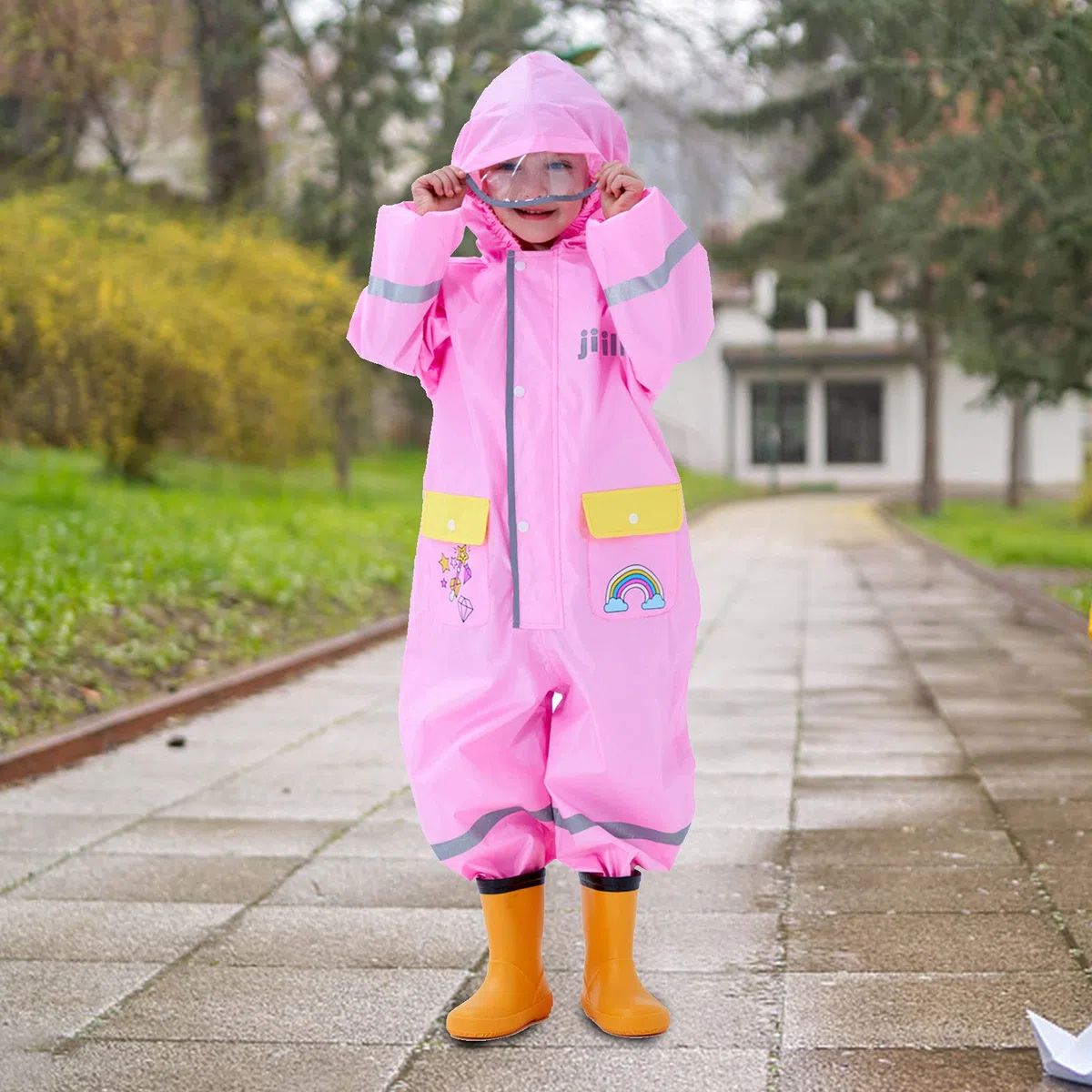 Impermeabile Bambini Cappuccio Antipioggia Unisex Leggero Pioggia Tuta Antivento Tutto in Uno Sportivo Poncho Antipioggia Cartoni Animati Scuola Bambine Bambino Bimbo Bimba Asilo 1-8 Anni
