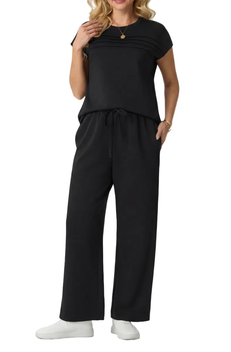 GRECERELLE Tuta da donna estiva da viaggio in due pezzi tuta da donna set completo a maniche corte casual girocollo manica ad aletta anteriore Plisse set abbinati pantaloni a gamba larga