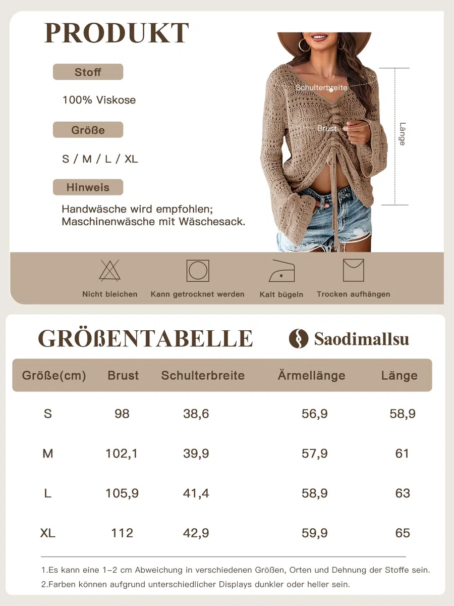 Saodimallsu Pullover da donna Boho Off Spalla Trasparente Crop Top Manica a Campana Fluido Oversize Crochet Increspato Pullover Maglioni