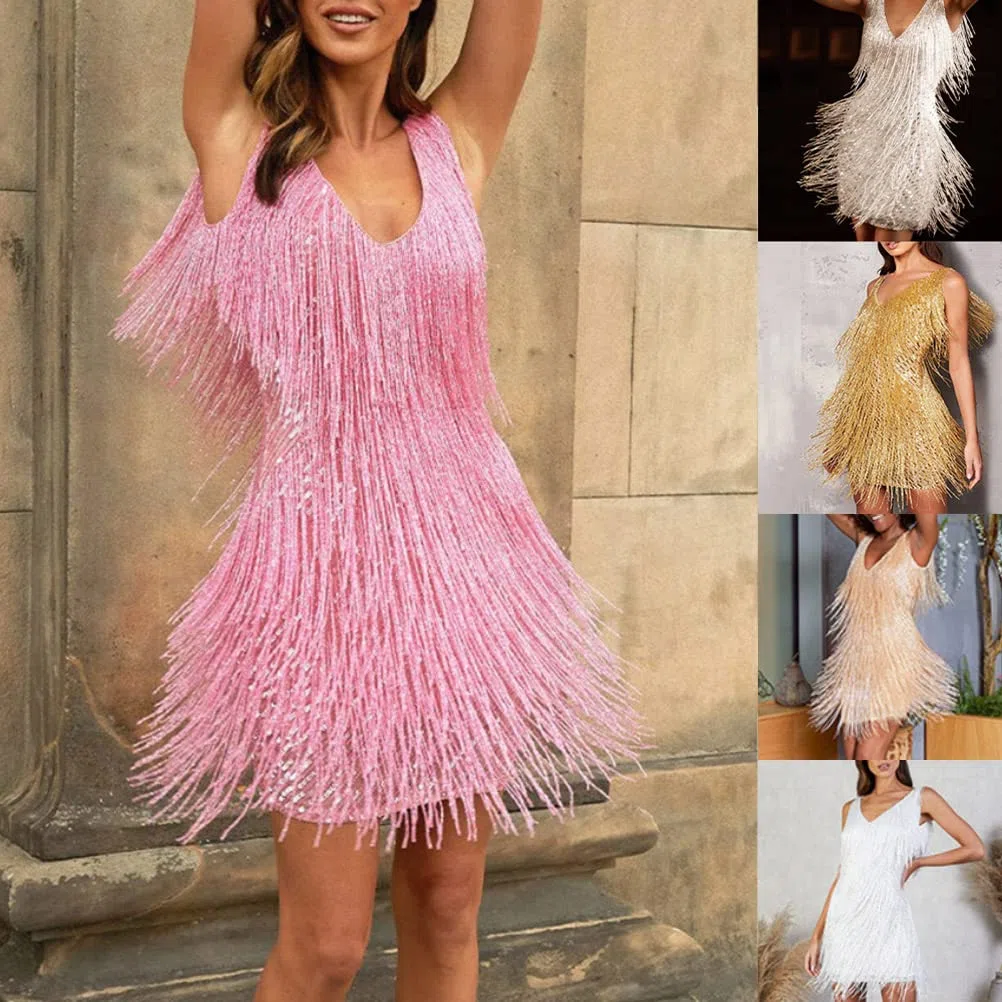 ORANDESIGNE Abito con Frange Senza Maniche Donna Abiti con Paillettes Charleston per Costume Festa Danza Latino Abito da Ballo Vestito Samba Rumba Tango Danza Moderna