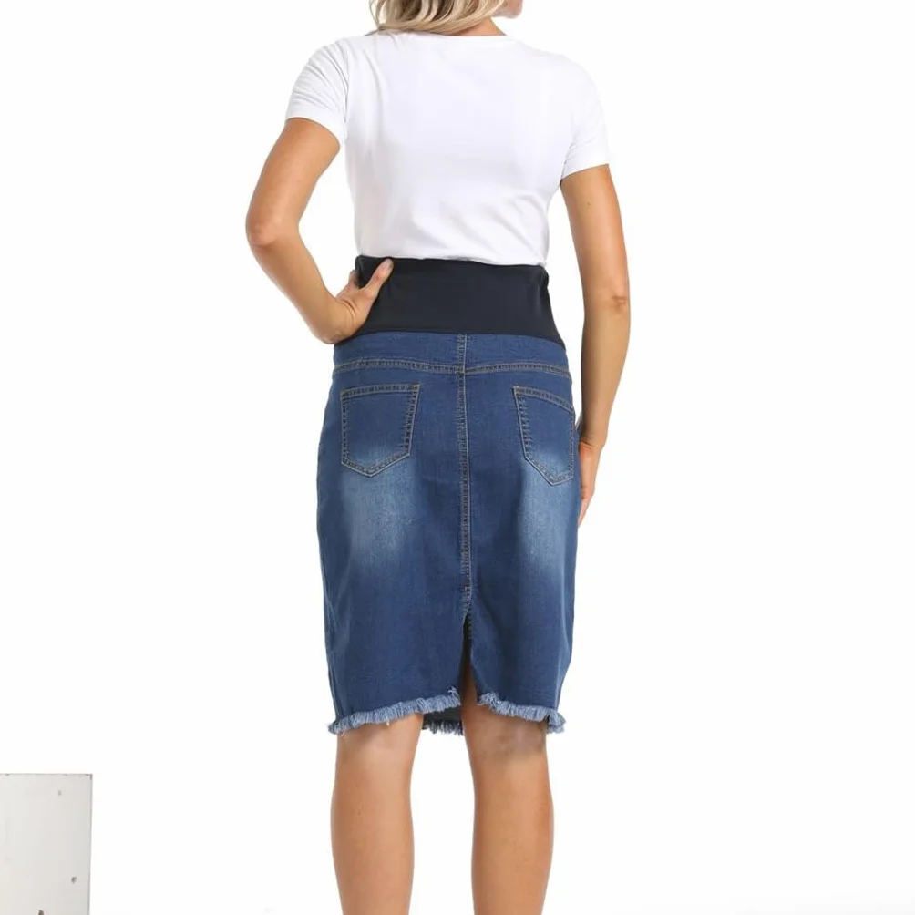 FaroLy Gonna Donna maternità Casual Jean Vita Alta Orlo Grezzo Bodycon Denim Vestiti di Gravidanza con Tasche