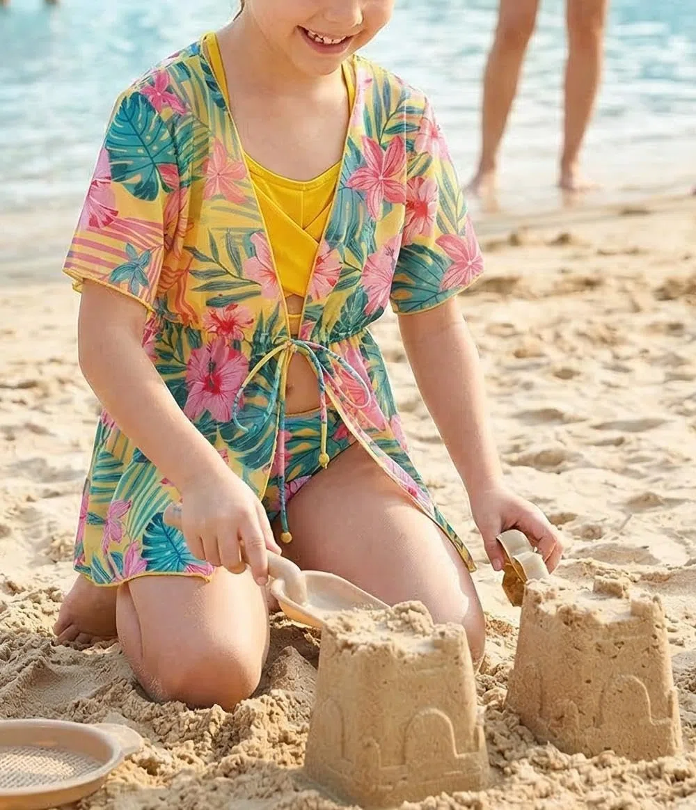 Arshiner Bikini da bambina con pareo, set da 3 pezzi, costume da bagno estivo da spiaggia, bikini per bambini 7-15 anni
