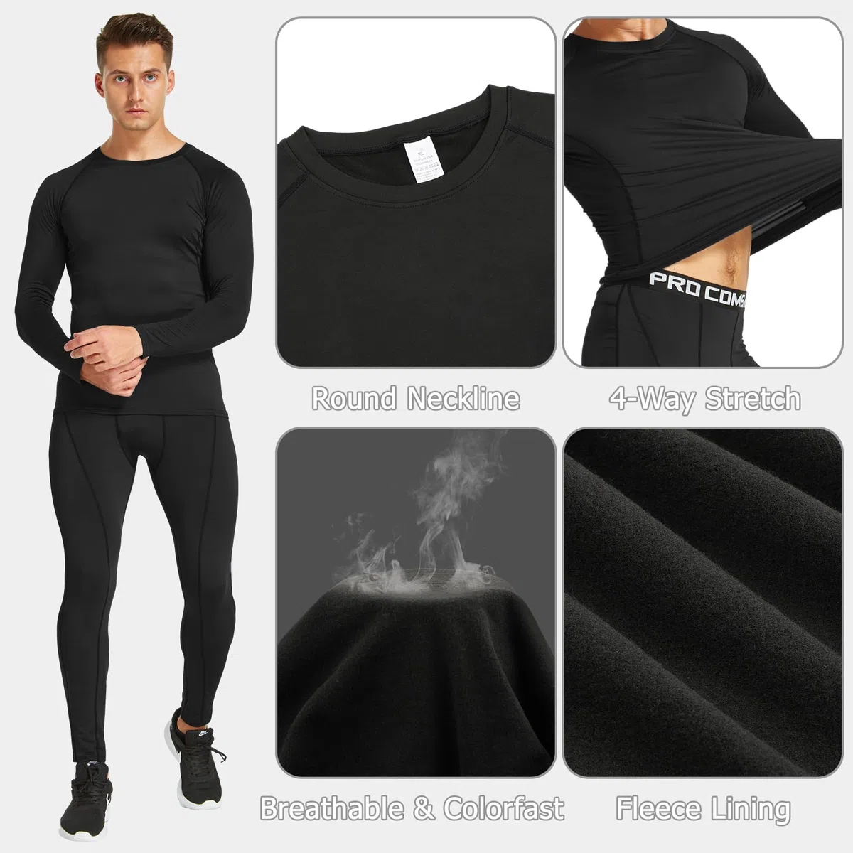 Set di Intimo Termico Uomo Invernale Biancheria Termica Pantaloni Traspirante Asciugatura Rapida per Sportiva Sci Allenamento Corsa Ciclismo Trekking