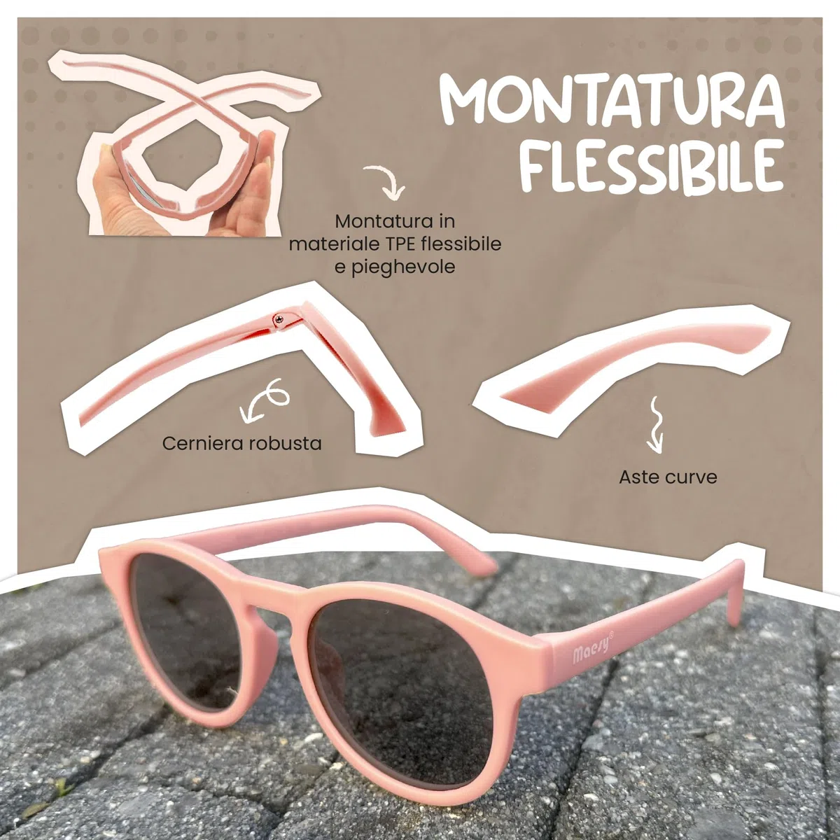 Occhiali da Sole per Bambina, 3-6 Anni, Protezione Polarizzata UV400, Montatura Flessibile e Pieghevole, Occhiali da Sole Sicuri e Comodi per Bambino, Faela