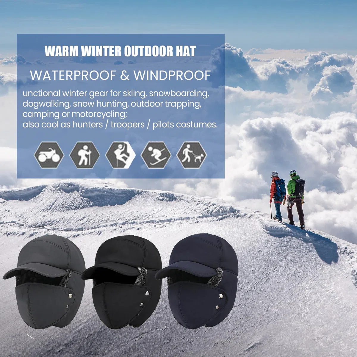 Eznaobo Cappello unisex antivento caldo protezione per le orecchie protezione del viso, cappello invernale 3 in 1 in pelliccia sintetica cappello da sci scaldacollo paraorecchie termico antivento