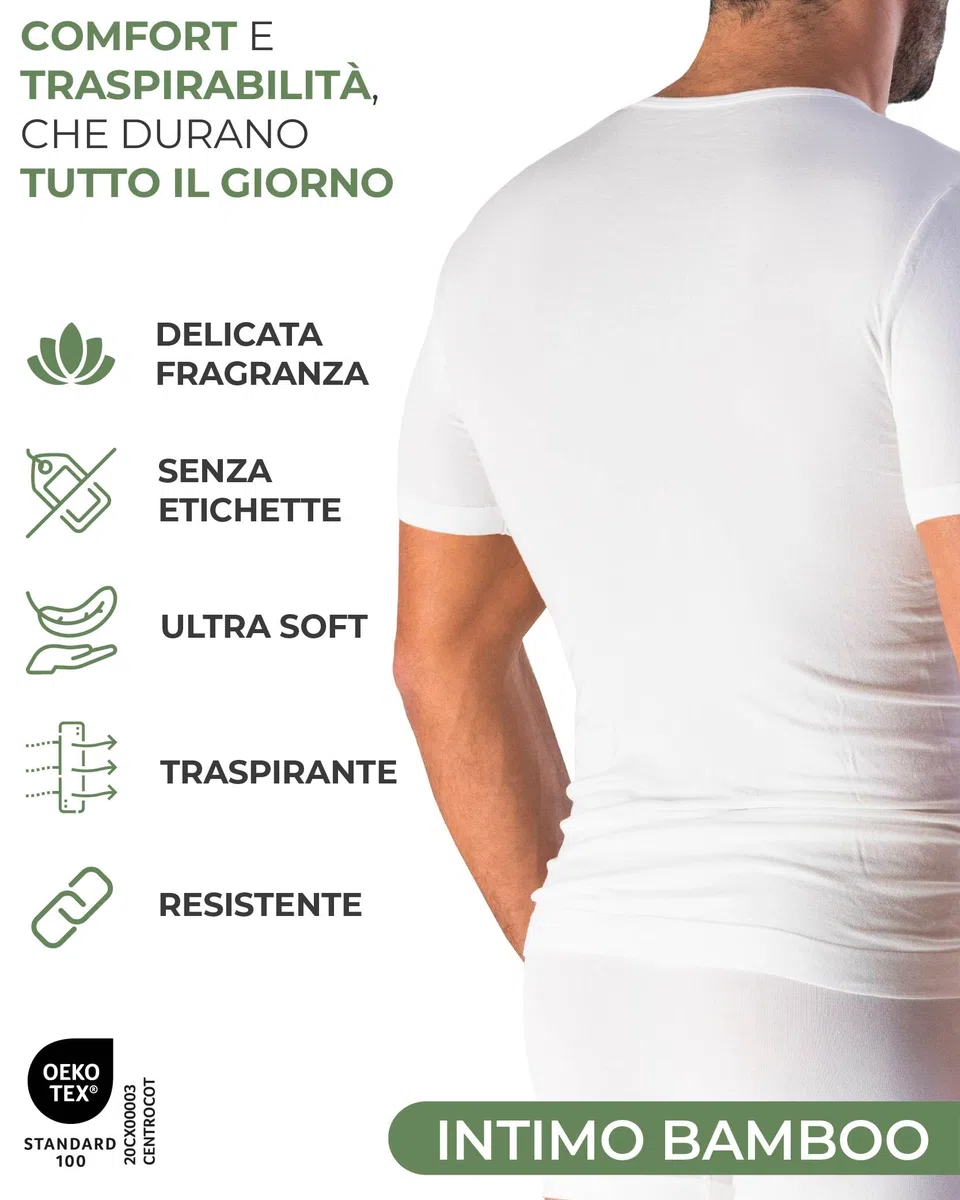 Risalti Maglietta Intima Uomo Bamboo Girocollo - Maglia Uomo Manica Corta Senza Cuciture, Bamboo T-Shirt in Viscosa più Morbida del Cotone, Traspirante e Confortevole - Made in Italy