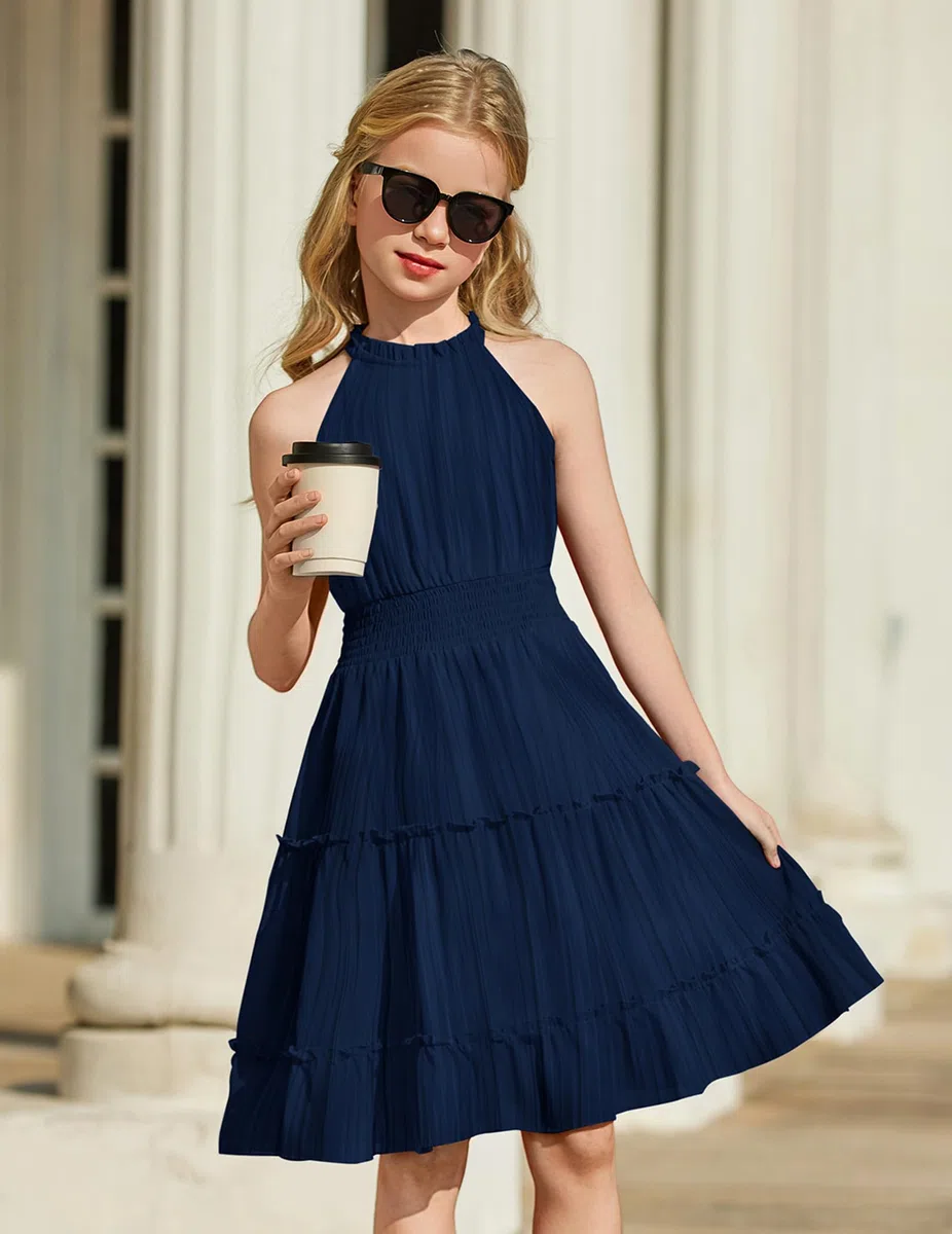 Arshiner Abiti per Ragazza Estivo Senza Maniche Abito Festivo Scollo Vestito Leggero Bambini Chiffon Spalle Scoperte Vestiti Casual Midi a Trapezio Elegante Abito da Sera per Ragazza 6-13 Anni