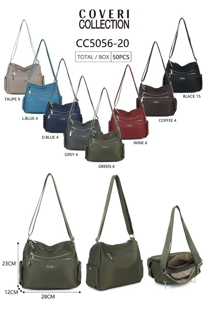 COVERI COLLECTION Borsa a Tracolla in Nylon Impermeabile, Multitasche, Dimensioni 28x23x12 cm, con Cerniere Metalliche, Tracolla Personalizzata Design Casual Art. 5056-20