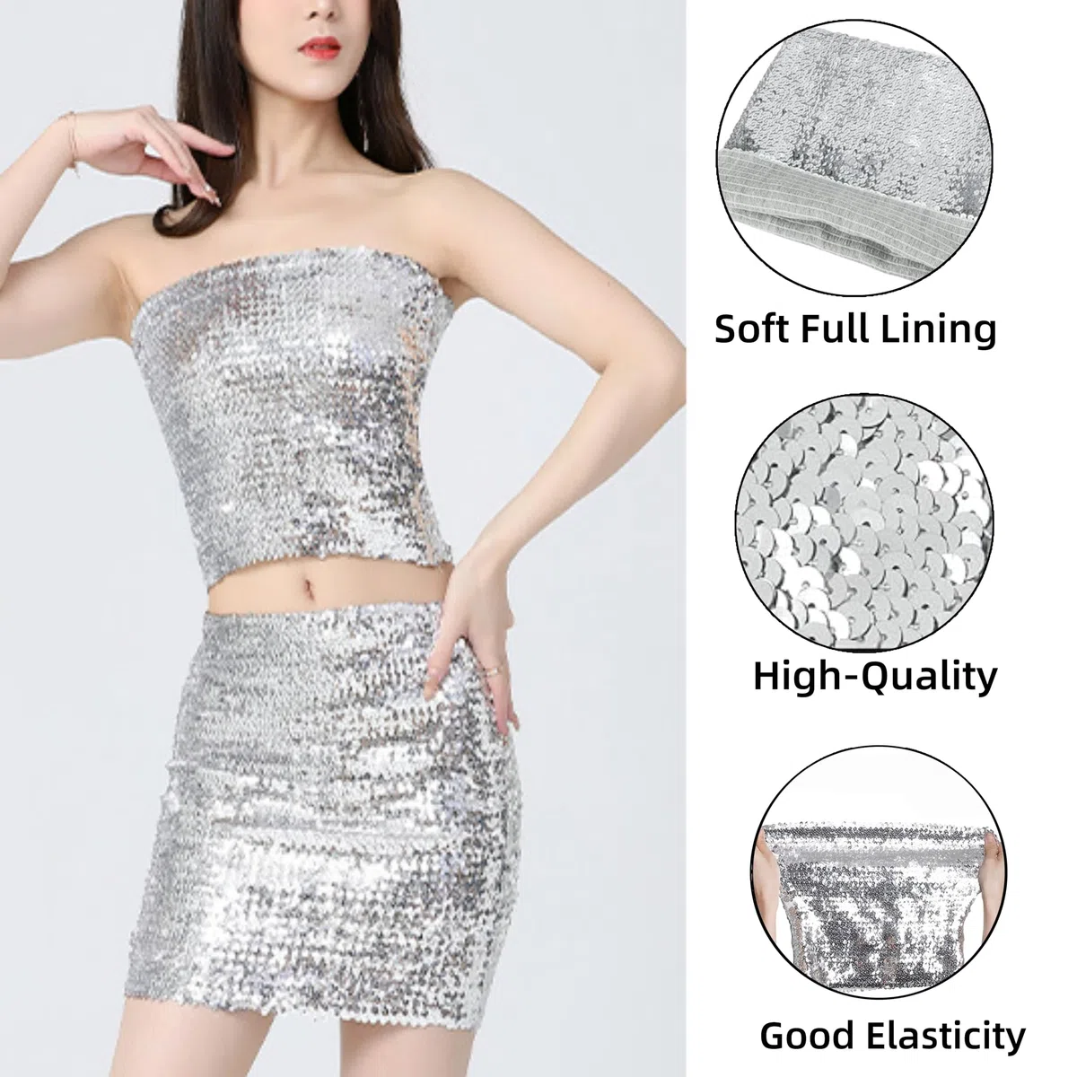 Top tubolare da donna con paillettes, scintillante senza spalline, top corto per danza classica, non imbottito, elastico, bralette lucido a fascia sul petto, per carnevale, Halloween, feste, club