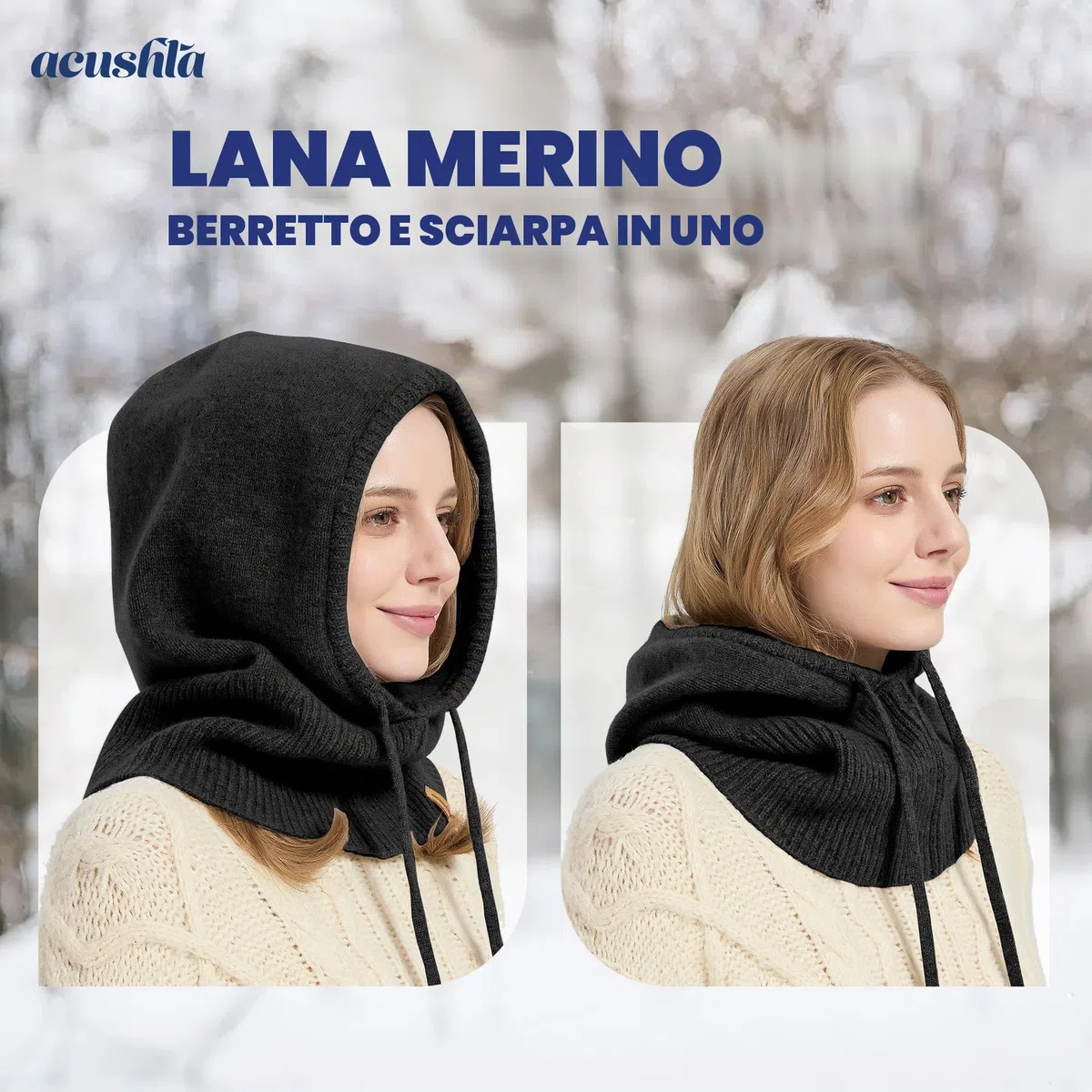 ACUSHLA Passamontagna in 100% lana merino, per donne e uomini, invernale, caldo, con cappuccio, sciarpa, cappello e sciarpa, set in uno