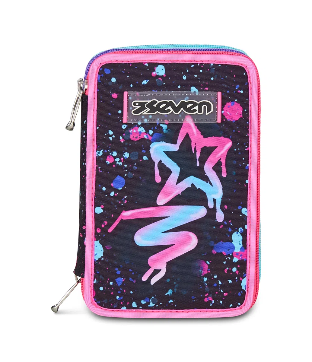 Seven Astuccio Scuola Elementare, 3 scomparti, Medie, con Matite, Pennarelli, Penne, 3 Zip, Universe Spots, Bambina e Ragazza, viola/nero