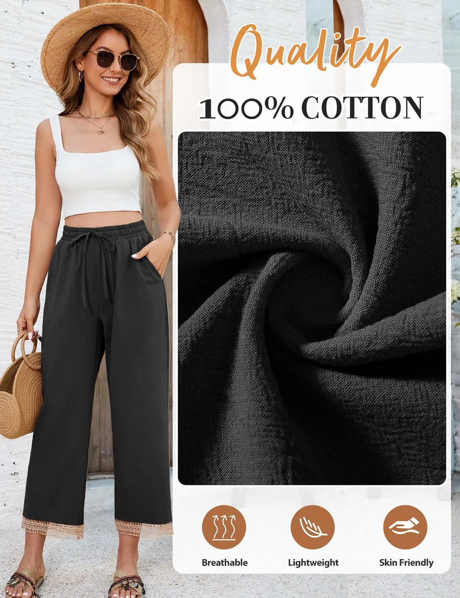 Pantaloni Donna Estivi Casual Cotone Pantalone Leggeri Larghi con Coulisse Elastico Pantaloni Vita Alta Gamba Dritta Pantaloni con Tasche