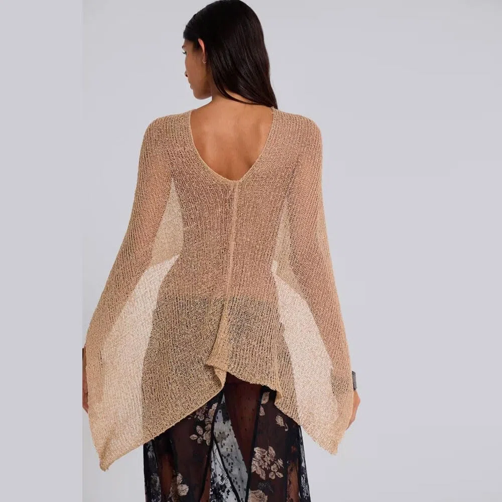 Poncho Donna Multifunzionale Asimmetrico Coprispalle Elegante Mantella Leggera Scialle Maglia Traforata Versatile Accessorio Moda Copricostume Mare Stola(Marrone)