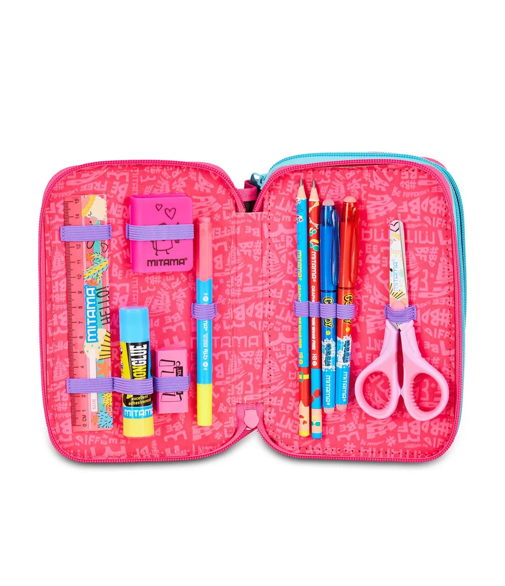 Mitama Astuccio Scuola 3 Scomparti, SUPER TRIPLO BUBBLE DREAMS, Contenuto 47 pz, Completo di Matite, Pennarelli, Portapenne Scuola Elementare Bambina