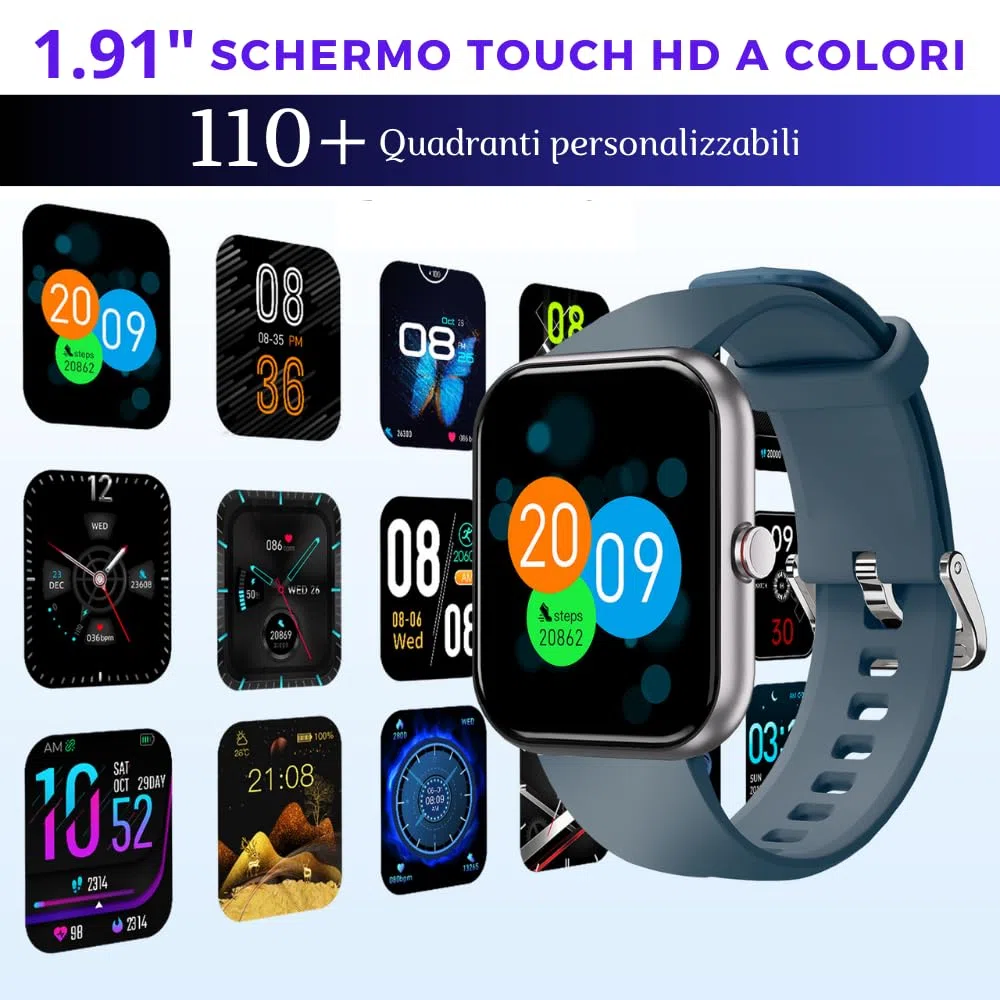 Smartwatch Uomo Donna 1.91" Orologio Intelligente Batt 320mAh, Chiamate Bluetooth, Fitness, Contapassi, Sonno, Cardiofrequenzimetro, Salute Femminile, Monitor SpO2, IP68, Android/iOS Istruz. ITA Blu