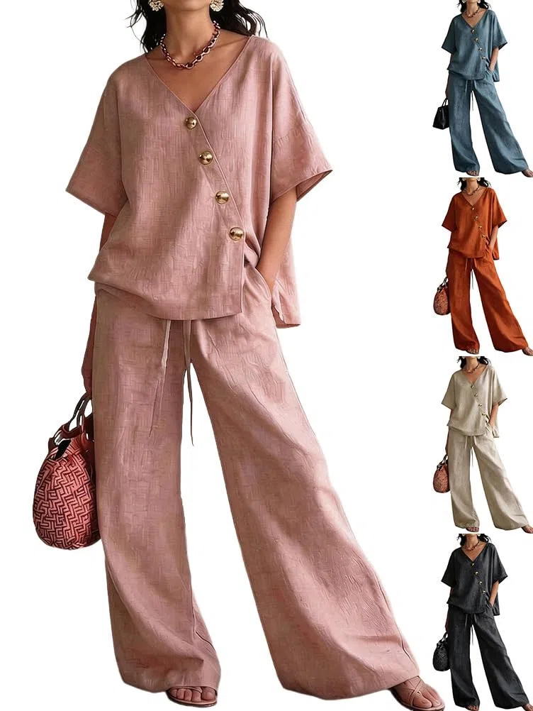shownicer Completo Donna Lino Tuta Elegante Estiva Curvy Completo in Lino 2 Pezzi Set Maniche Corte Top E Pantaloni Completi Tute Due Pezzi Set