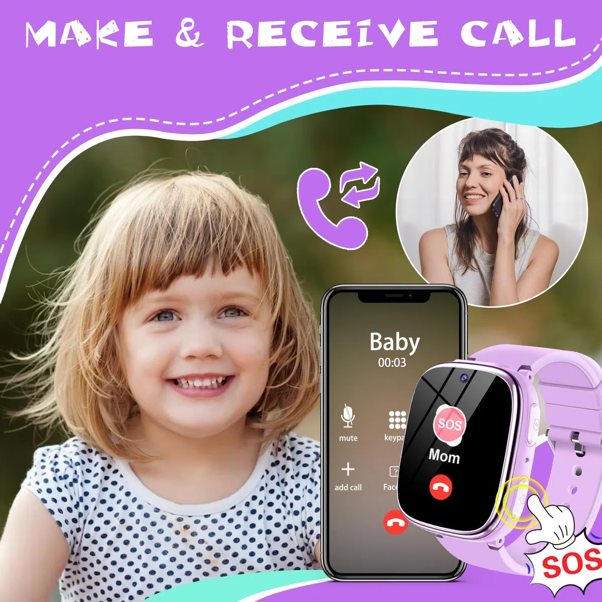 Smartwatch Bambini - Orologio Telefono per Ragazzi con Chiamata SOS Giochi Contapassi Musica Fotocamera Torcia Sveglia Audiolibri, Kids Smart Watch Intelligente per Bimbi 3-12 Anni Regalo (Viola)