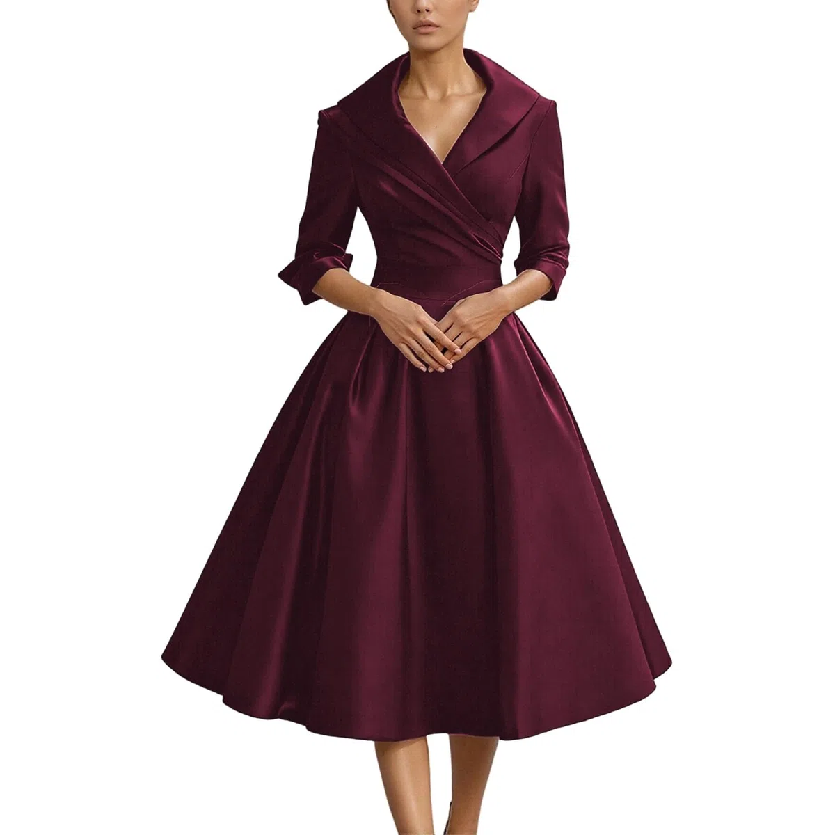 2025 Vestito Vintage Anni 50 60 Stile Hepburn Intura Monopetto A-Line Ricamo Manica Lunga Abiti con Scollo V Midi Vestito da Cocktail Banchetto Formale Ufficio per Matrimoni, Cerimonia