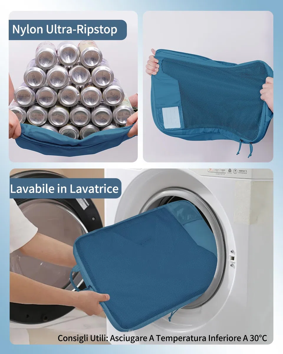 ECOHUB Compressione Organizer da Viaggio, 4 Pezzi Borsa Organizzatori per Valigie con Etichetta, Packing Cube per Borse da Viaggio Riciclate per Zaino, Verde acqua