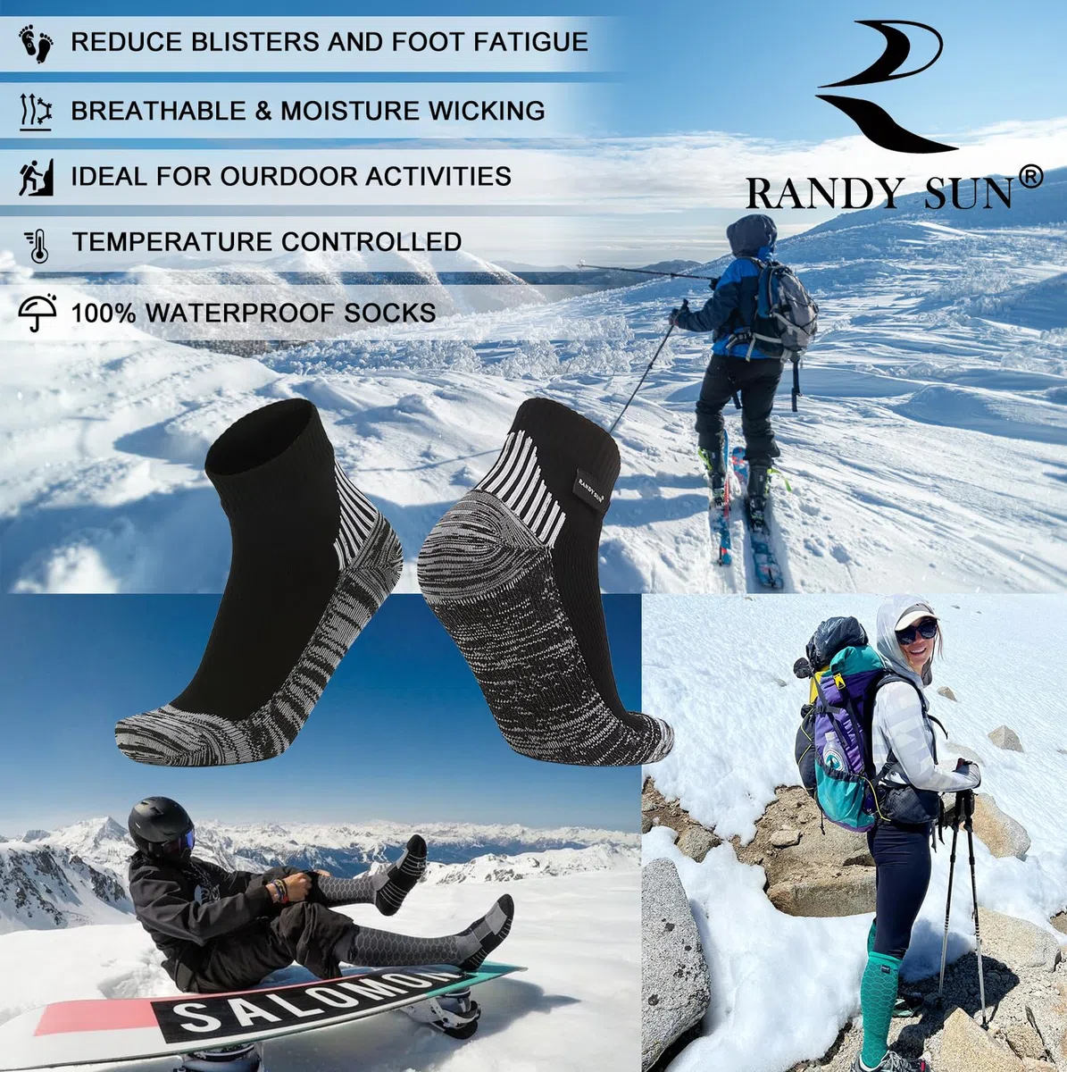 RANDY SUN Unisex Calze Impermeabili Uomo Donna, Calze Invernali Ciclismo, Calzini Traspiranti per Campeggio Pesca Trekking Golf Running, 1 Paio