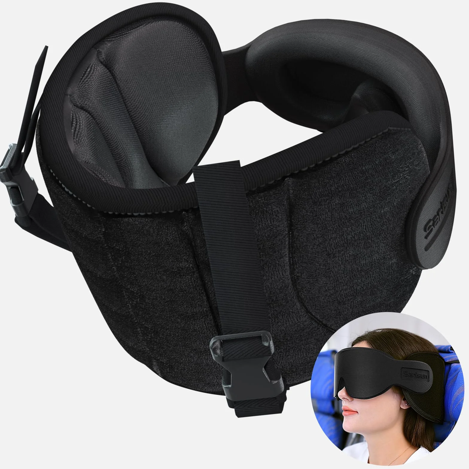 SARISUN Cuscino da viaggio, cuscino per aerei per voli lunghi, fascia per la testa per aerei con mascherina per dormire, poggiatesta con supporto a 360°, Stop Bobblehead, nero
