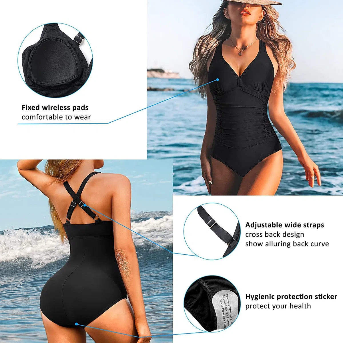 Donna Costume da Bagno Contenitivo Push Up a Vita Alta Costumi da Mare Elegante Scollo a V Bodysuit One Piece Monokini