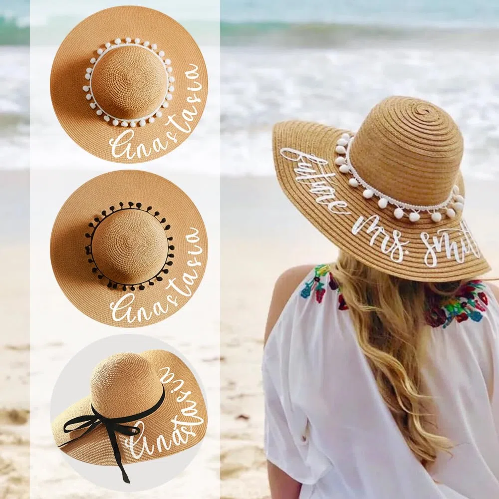 Cappello da sole da donna, con nome personalizzato, cappello di paglia pieghevole, protezione UV 50+, cappello fatto a mano, regalo per luna di miele/vacanza