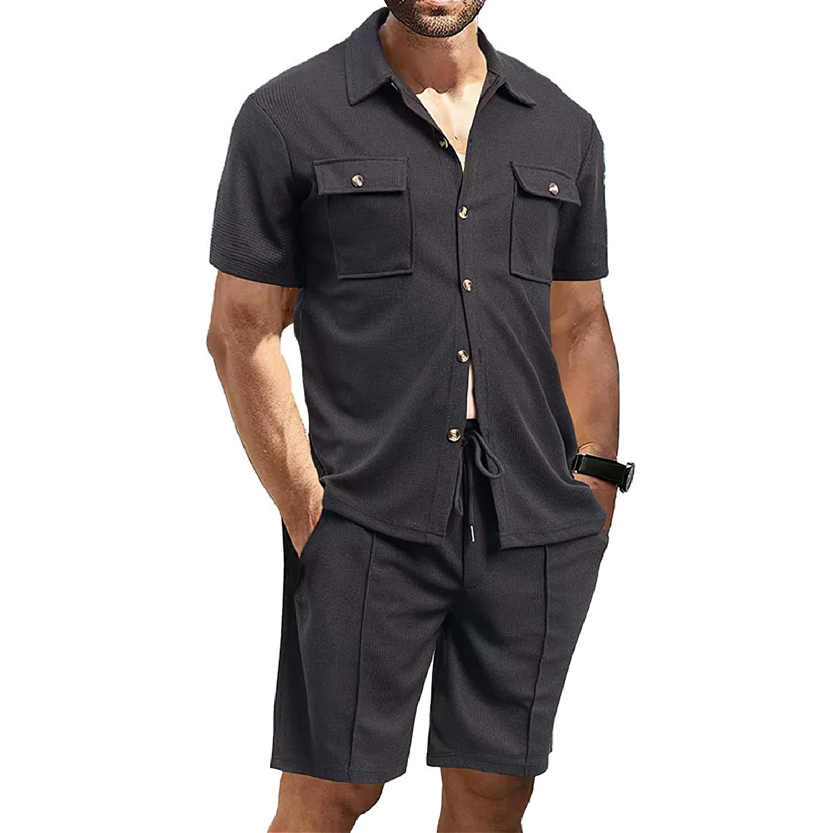 amropi Tuta Uomo Corto 2 Pezzi Waffle Maniche Corte Camicia Bottone e Pantaloncini Casual Estiva Completo