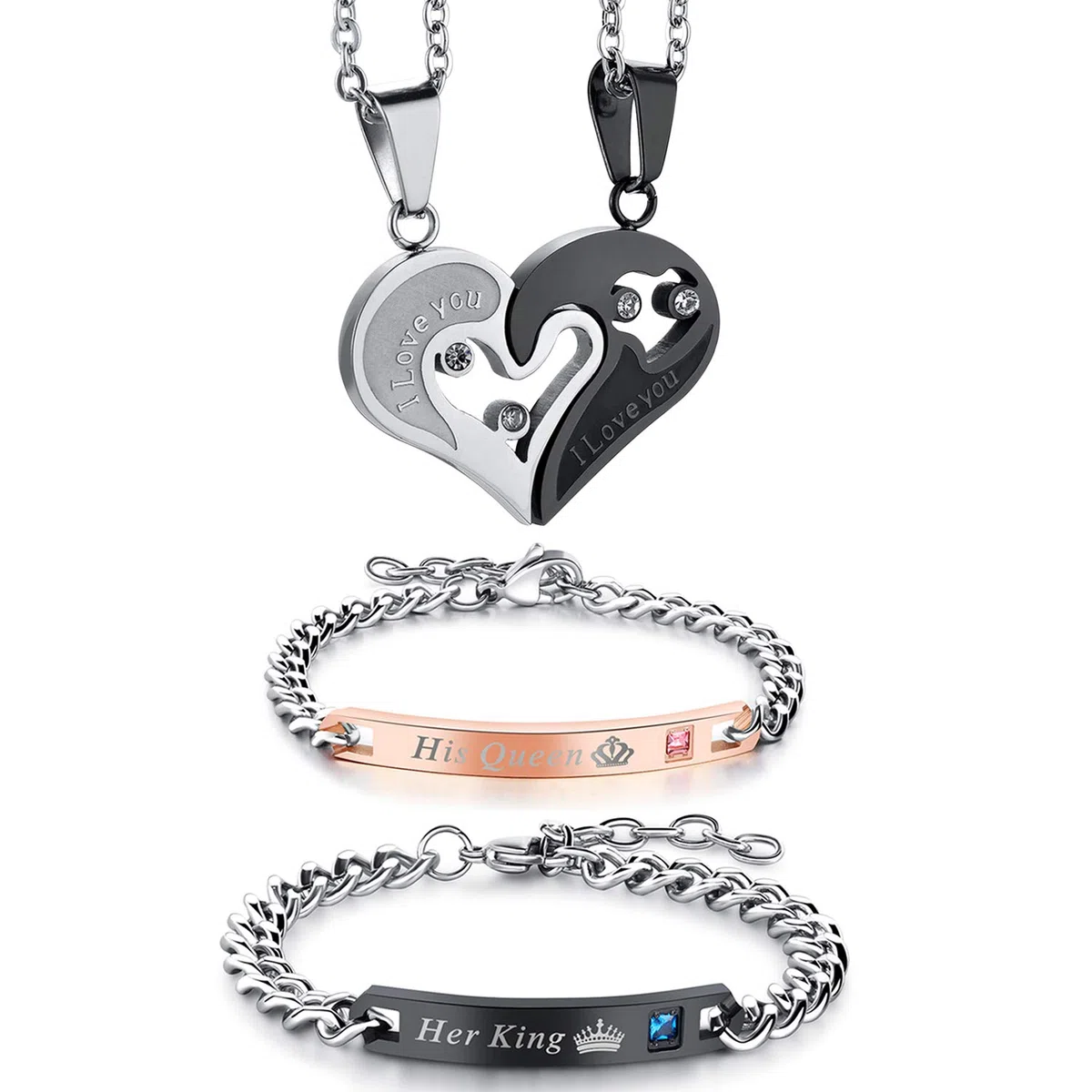 OIDEA Set Collana e Bracciale Coppia Lovers,Collana con Pendente Puzzle Cuore 'I Love You' Mosaico Strass,Braccialetto “Her King” “His Queen” Regalo per Amante o Migliore Amico/Amica
