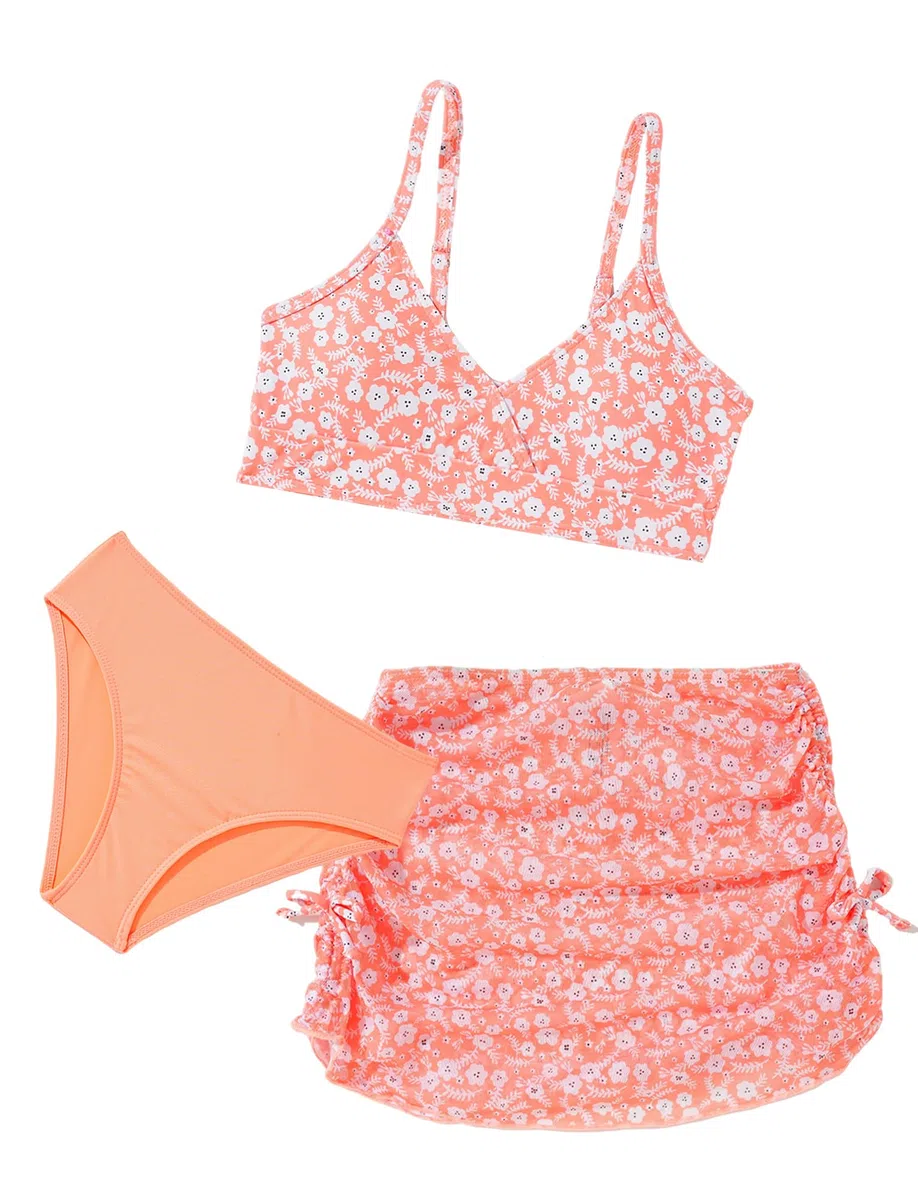 Happy Cherry Ragazze Costume da Bagno 3 Pezzi Bikini Top con Coprire Gonna da Spiaggia Bambina Nuoto Costume Surf Costumi da Bagno Stampa Floreale 8-14 Anni