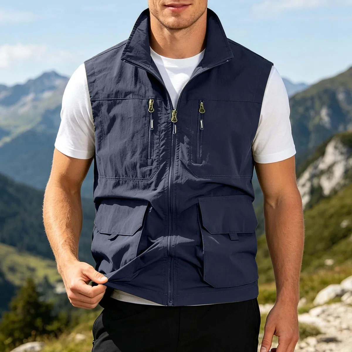 Generico Gilet Uomo Estivo Casual Viaggio Escursionismo All'aperto Utilità Giubbotto Leggero Taglie Forti Senza Maniche Giacca con Zip e Multi-Tasca