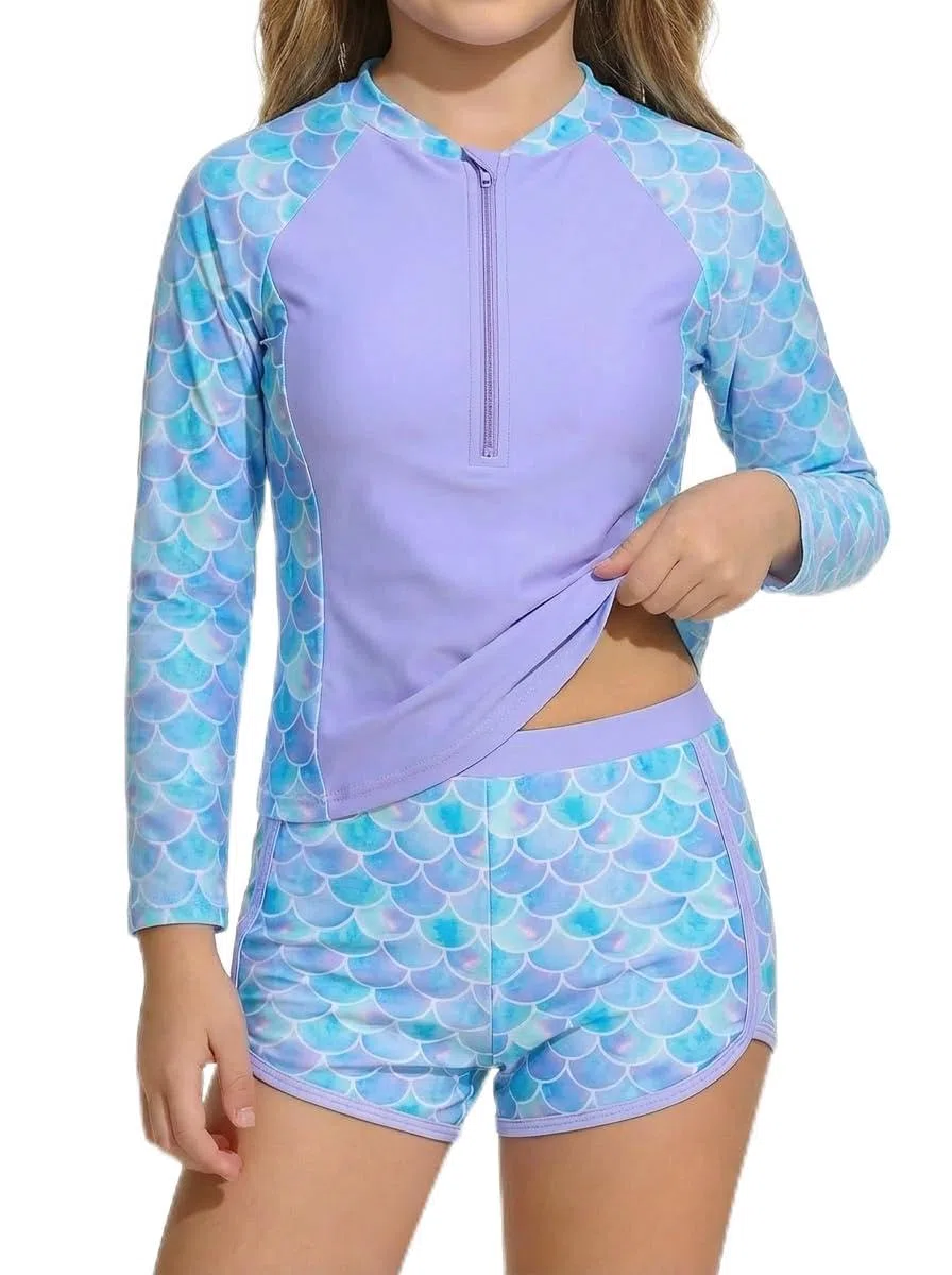 JiAmy Costume da bagno a due pezzi per bambine, a maniche lunghe, con cerniera, UPF 50+, protezione solare 4-7 anni