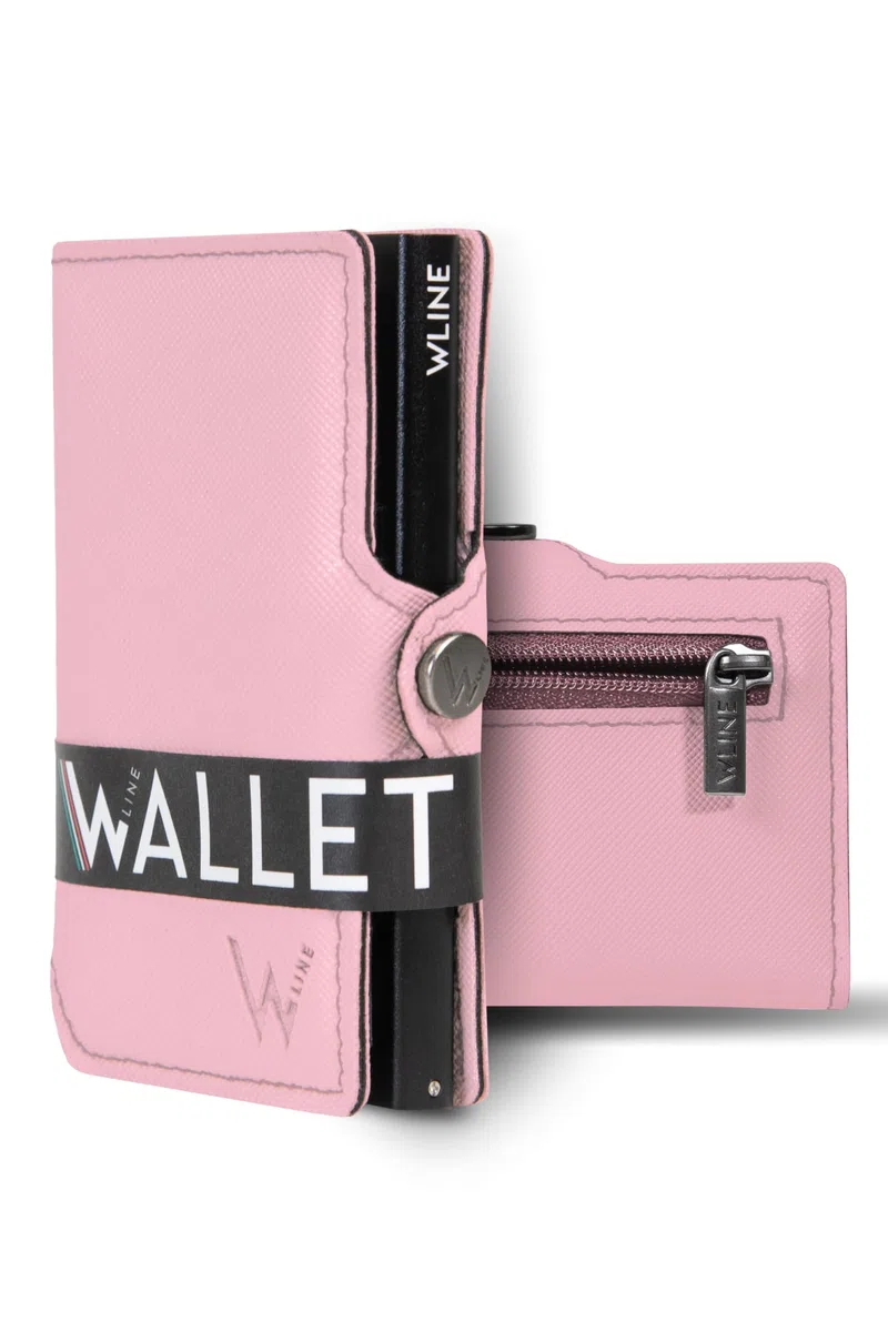 WLine Portafoglio Donna Piccolo con Portamonete Rfid Compatto ed Elegante - Porta Carte di Credito Donna e Uomo Schermato in Pelle PU - Portatessere Tascabile (Rosa e Nero Saffiano, Con Zip)