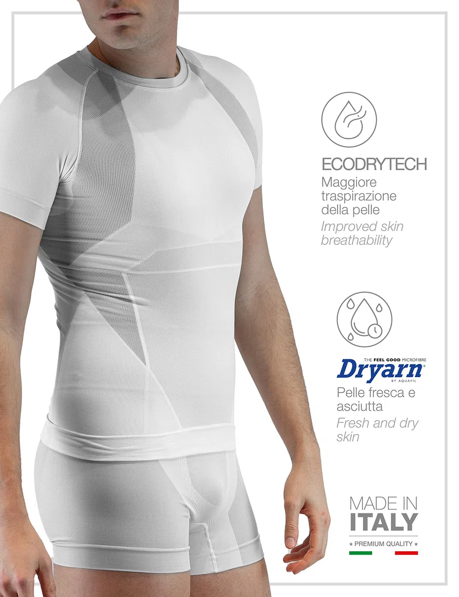 FarmaMed Ecodrytech Maglia Uomo, T-Shirt Uomo, T-Shirt Maniche Corte, Intimo Traspirante, Seamless, Antiodore, Antibatterico, 100% Made in Italy