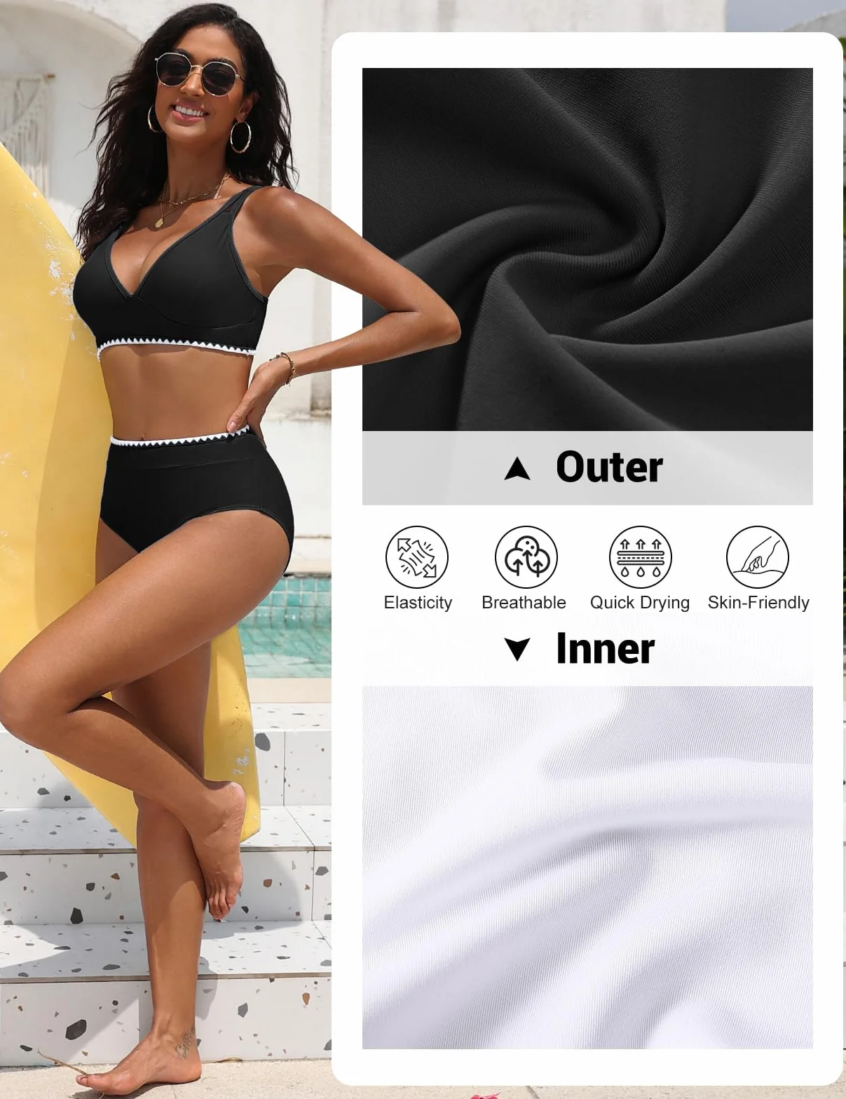 UMIPUBO Costume Donna Due Pezzi Vita Alta Bikini Collo A V Push Up Sexy Contenitivo Curvy Modellante con Coppe Dettagli A Conchiglia Mare Piscina Estivo Costume da Bagno