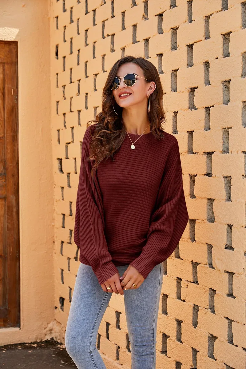 Fessceruna Maglione da Donna Oversize con Maniche a Pipistrello Lavorato a Maglia Invernale con Collo Rotondo Felpa a Coste
