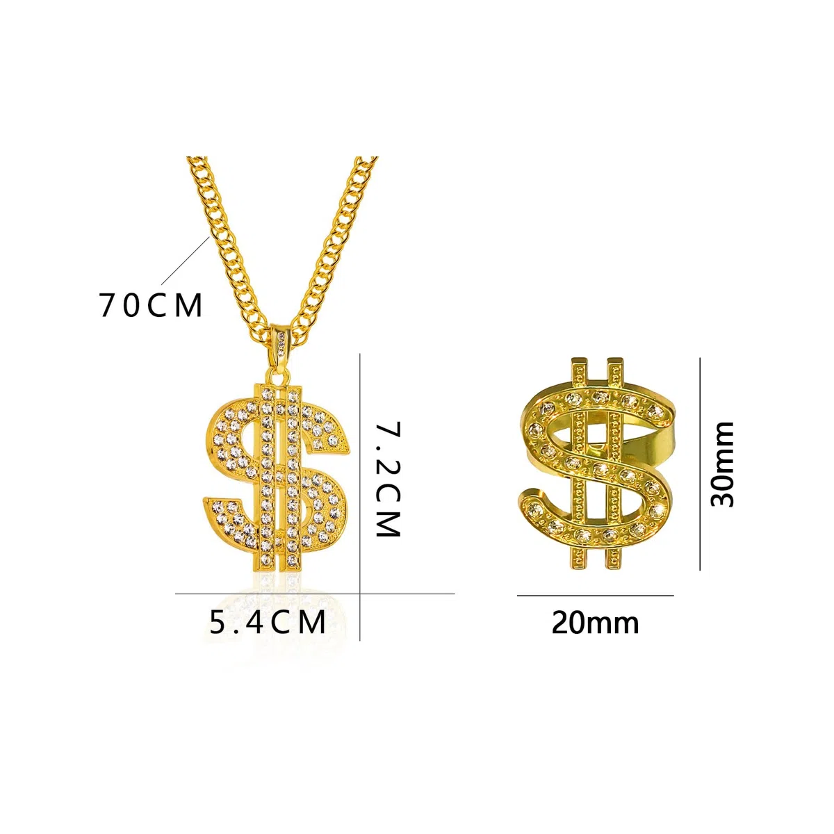 Kit Costume Hip Hop, Collane Segno Dollaro Con Anello Aperto, Anello Con Segno Dollaro, Catena Con Strass, Dollaro Zeichen Halskette Ring Set, Accessori Tema Festa Für Männer Frauen