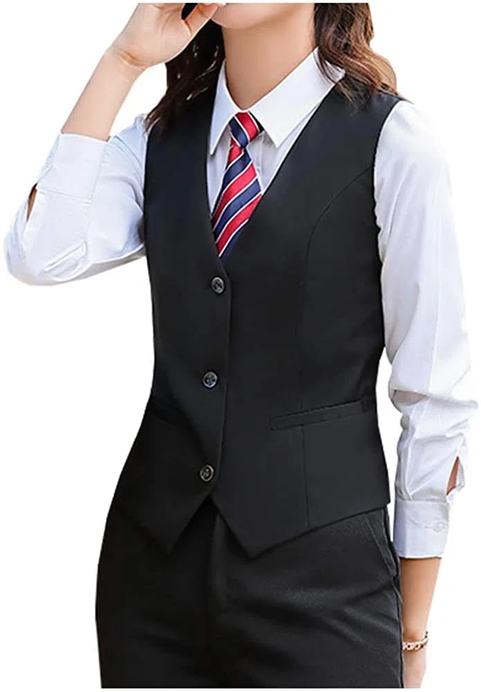 Lazutom Gilet da donna con scollo a V elegante gilet da lavoro con bottoni e gilet da lavoro