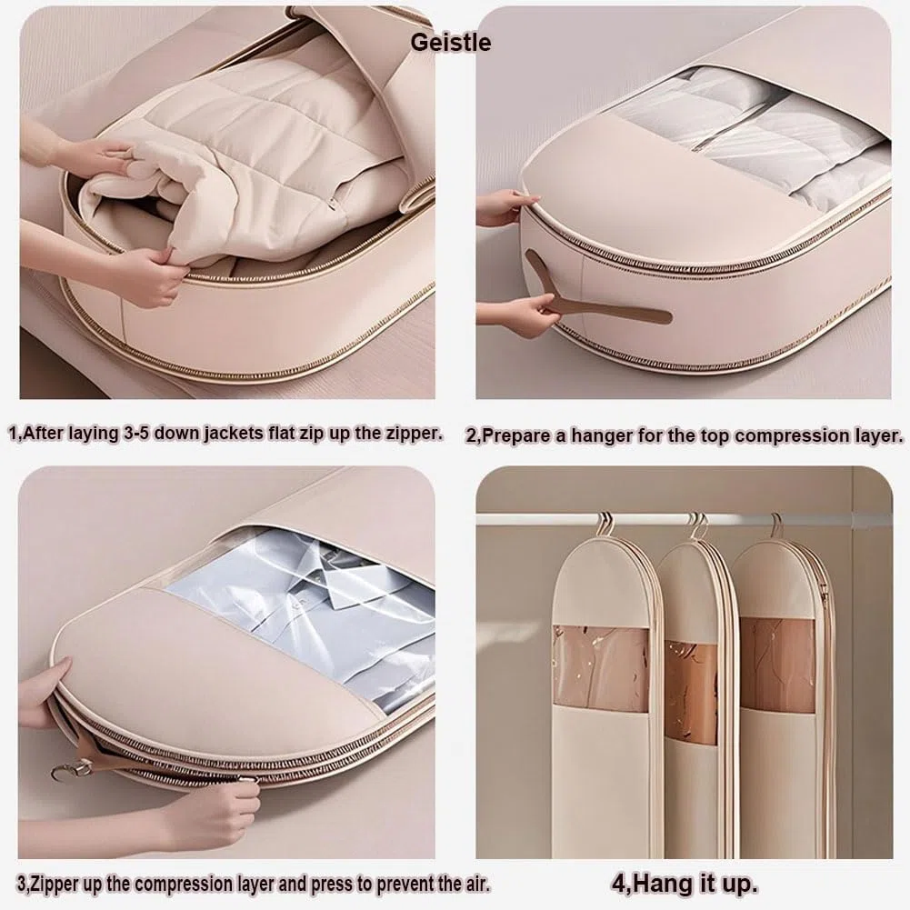 Borsa salvaspazio da appendere, con cerniera a compressione, salvaspazio, organizer per armadio per piumino, sacchetti sottovuoto (beige, (M, L, XL, 3 pezzi)